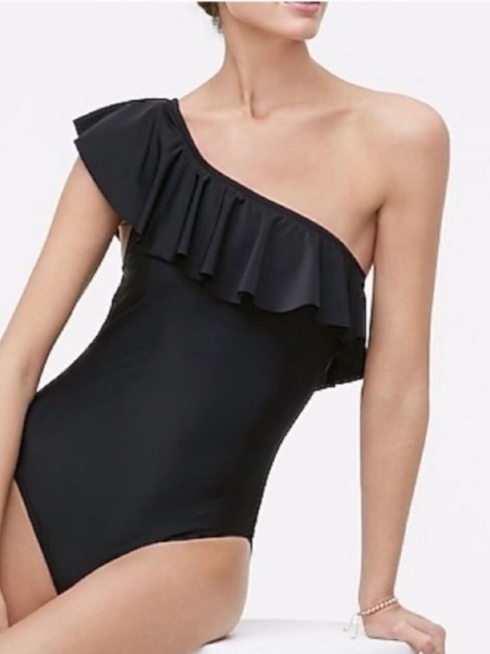 J CREW One-Shoulder Ruffle Black Women's Swimsuit MEDIUM